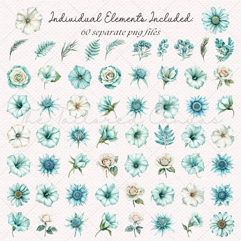 May include: Watercolor floral elements in shades of teal, blue, and cream. The image includes various flowers, leaves, and botanical illustrations. Text reads "Individual Elements Included: 60 separate png files."