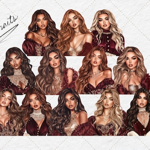 May include: Digital art portraits of women with long, wavy hair. The women are wearing elegant attire in shades of burgundy, gold, and cream, with jewellery. The word "portraits" is written in cursive in the upper left corner.