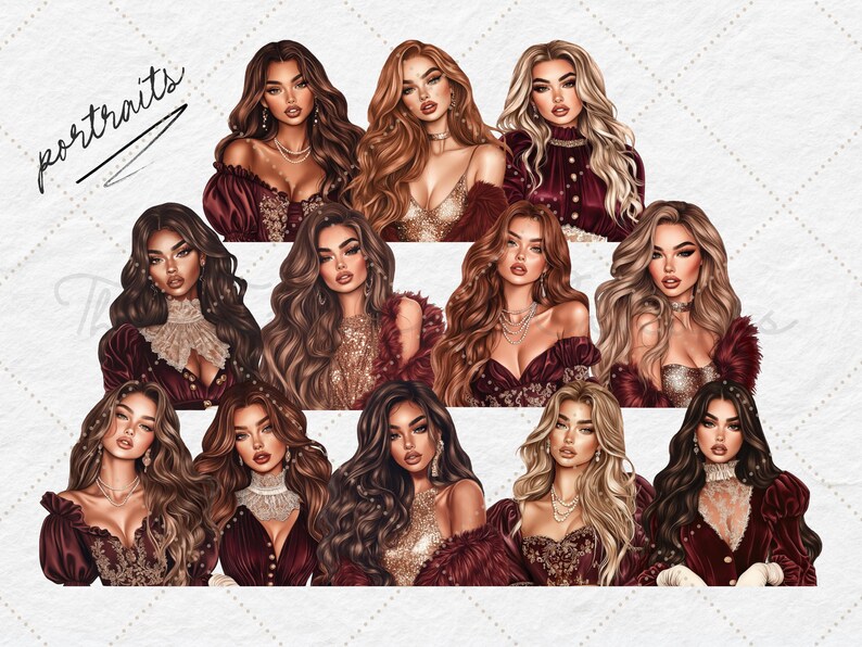 May include: Digital art portraits of women with long, wavy hair. The women are wearing elegant attire in shades of burgundy, gold, and cream, with jewellery. The word "portraits" is written in cursive in the upper left corner.