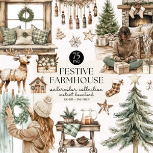 Aquarell Bauernhaus Weihnachten Clipart Bundle - Urlaub Kunst, Neutral Weihnachten, Weihnachten Clip Art, digitale Aufkleber, gemütliche Urlaub Dekor