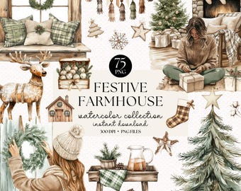 May include: A watercolor illustration set of 75 festive farmhouse Christmas elements. The set includes a woman in a brown sweater, a deer, a Christmas tree, a wreath, a fireplace, a window, a cart, a pitcher, a farmhouse, a stocking, a star, and more.