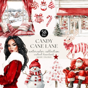 Zuckerstange Aquarell Weihnachten Clipart-Bundle - Weihnachtsdeko, Weihnachtsmann, Schneemann, Rentier, Clipart für Karten & Basteln, Classic Xmas