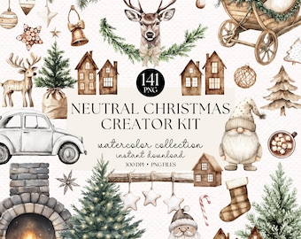 Pacchetto di clipart natalizie ad acquerello: 141 elementi boho neutri (download digitale)