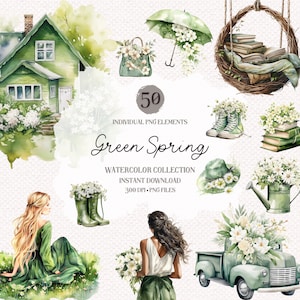 Grüner Frühling Clipart Png-Bundle - 50 hochwertige Pngs, Frühlingskollektion, Aquarell Clip Art, Sublimationsdesigns