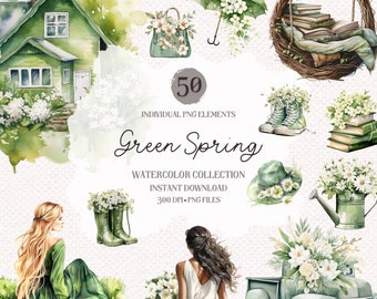Green Spring Watercolor Clipart Bundle: 50 PNG Designs