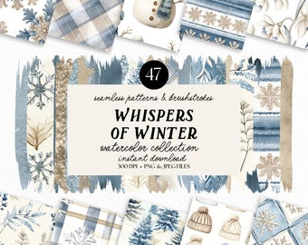 May include: A digital collection of winter-themed watercolor patterns and brushstrokes in blue, beige, and white. The image features a snowman illustration, snowflake designs, and the text "WHISPERS OF WINTER watercolor collection instant download".