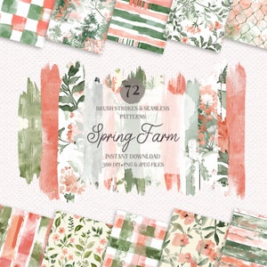 Aquarell Spring Farm Nahtlose Muster und Pinselstriche, JPEG Muster und Texturen, PNG Pinsel Stokes, digitaler Download, Scrapbook-Papier