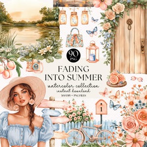 Watercolor Clipart Bundle: 90 PNG Floral Peach Garden & Vintage Girl Illustrations, Summer Aesthetic Digital Download
