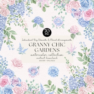 Oma chique tuin bloemen PNG clipart bundel - aquarel bloemen, digitale download pastel rozen hortensia's, vintage stijl Instant Art Pack