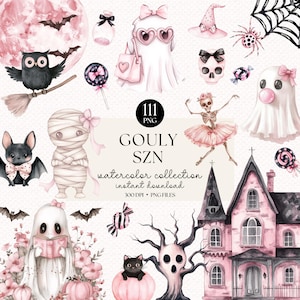 Lindo paquete de imágenes prediseñadas de Halloween para niñas: PNG rosa espeluznante, Halloween pastel, Halloween rosa con acuarela, Halloween para niños