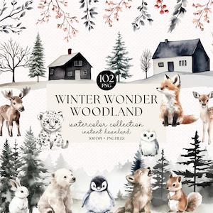 Paquete de imágenes prediseñadas de bosque de invierno con acuarela: imágenes prediseñadas de invierno, animales del bosque, pino PNG, bosque de invierno, imágenes prediseñadas rústicas de invierno para bebés, guardería