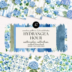 以下が含まれることがあります： 青いアジサイの花と葉を特徴とする水彩パターンのコレクション。画像には、ストライプ、木目、フラワーアレンジメントなど、さまざまなデザインが含まれています。テキストは「HYDRANGEA HOUR watercolor collection instant download」と表示されています。