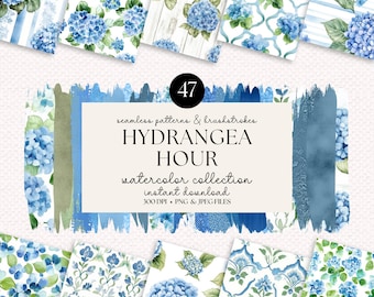 May include: A collection of watercolor patterns featuring blue hydrangea flowers and leaves. The image includes various designs, such as stripes, wood grain, and floral arrangements. The text reads "HYDRANGEA HOUR watercolor collection instant download".