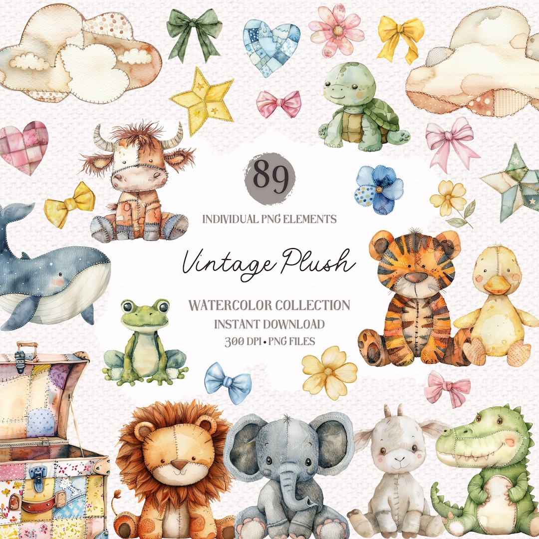 Watercolor Plush Animal Clipart: Vintage Nursery Decor (89 PNG Elements ...