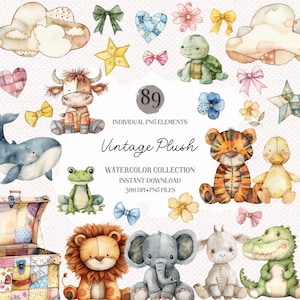 Pacchetto di clipart di animali di peluche vintage dell'acquerello - decorazioni per animali della scuola materna e invito per baby shower PNG, decorazioni per animali per bambini carini, scrapbooking