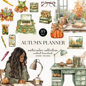 Aquarel herfst planner clipart bundel - Cottagecore png's, schattige herfst planner stickers & scrapbooking decoraties, rustieke herfst illustraties