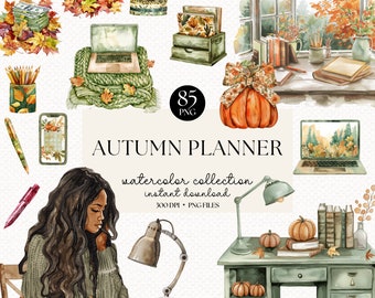 Watercolor Autumn Planner Clipart: Cottagecore Fall PNG Bundle (Digital Download)