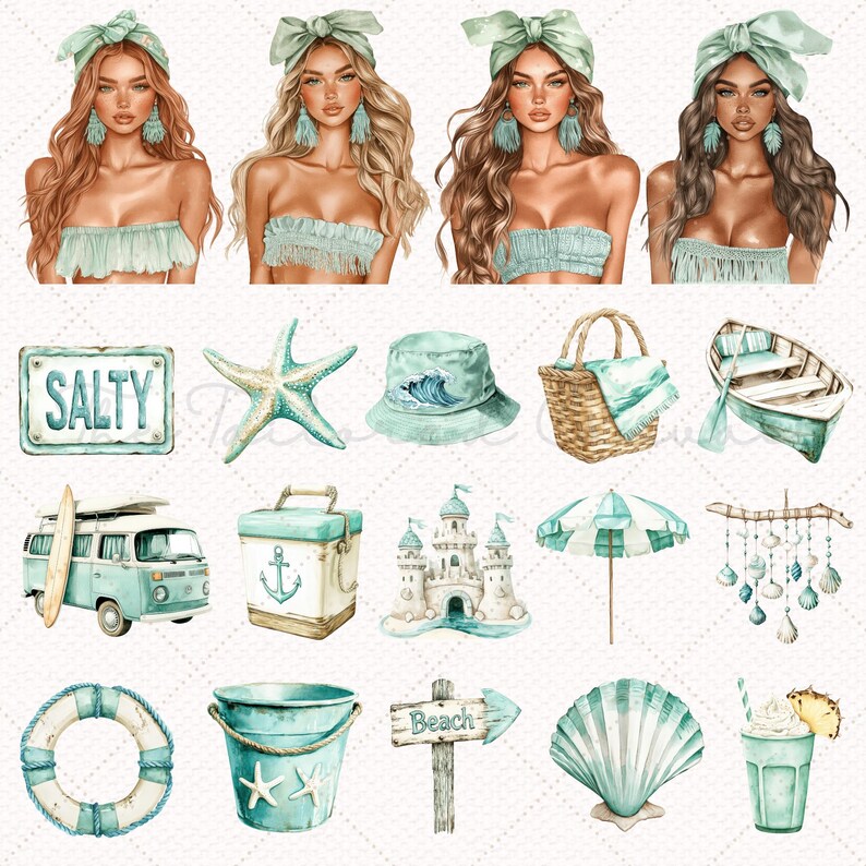 May include: Watercolor illustrations of beach-themed items in shades of teal and white. Includes portraits of women, a sign that says "Salty", a starfish, a bucket hat, a picnic basket, a rowboat, a van with a surfboard, a cooler, a sandcastle, an umbrella, a life preserver, a bucket, a sign that says "Beach", a seashell, and a drink.