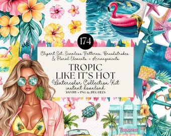 Aquarell Sommer Clipart Kit: Tropische Blumen, Muster (digitaler Download)
