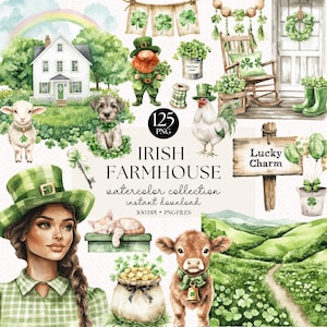 Pacchetto di clipart acquerelli di fattorie irlandesi - set di clipart per il giorno di San Patrizio, affascinanti illustrazioni vintage per progetti fai da te, PNG irlandesi