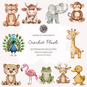 Watercolor Crochet Plush Animals Clipart: Vintage Nursery Decor (PNG Digital Download)