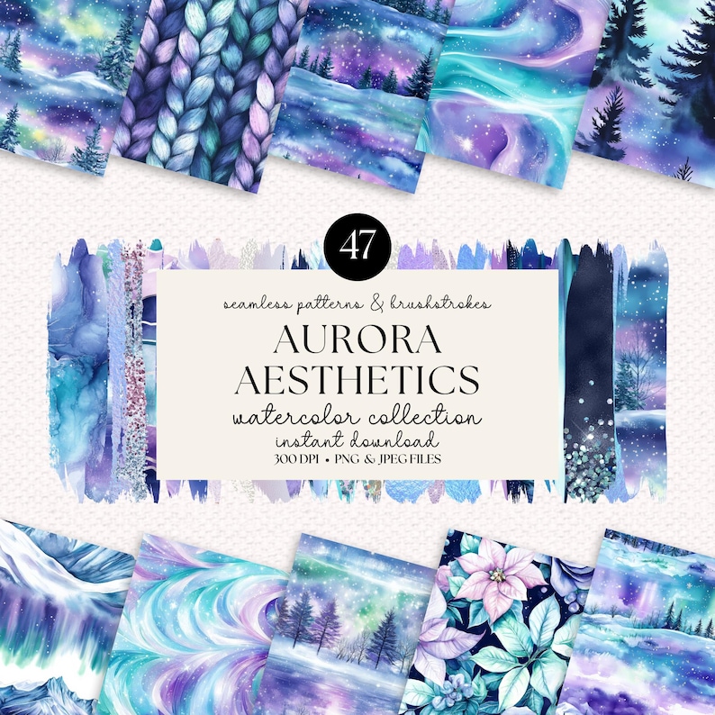 May include: A digital download of 47 watercolor seamless patterns and brushstrokes featuring aurora borealis, winter forest, and floral designs. The collection is titled "Aurora Aesthetics Watercolor Collection".