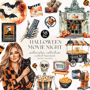 Paquete de imágenes prediseñadas de la noche de cine de Halloween en acuarela: arte espeluznante, acogedora noche de Halloween, víspera de Todos los Santos, conjunto de imágenes prediseñadas de la noche de pijamas, pegatinas digitales