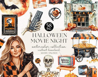 Watercolor Halloween Movie Night Clipart Bundle: 58 PNG Elements (Digital Stickers)