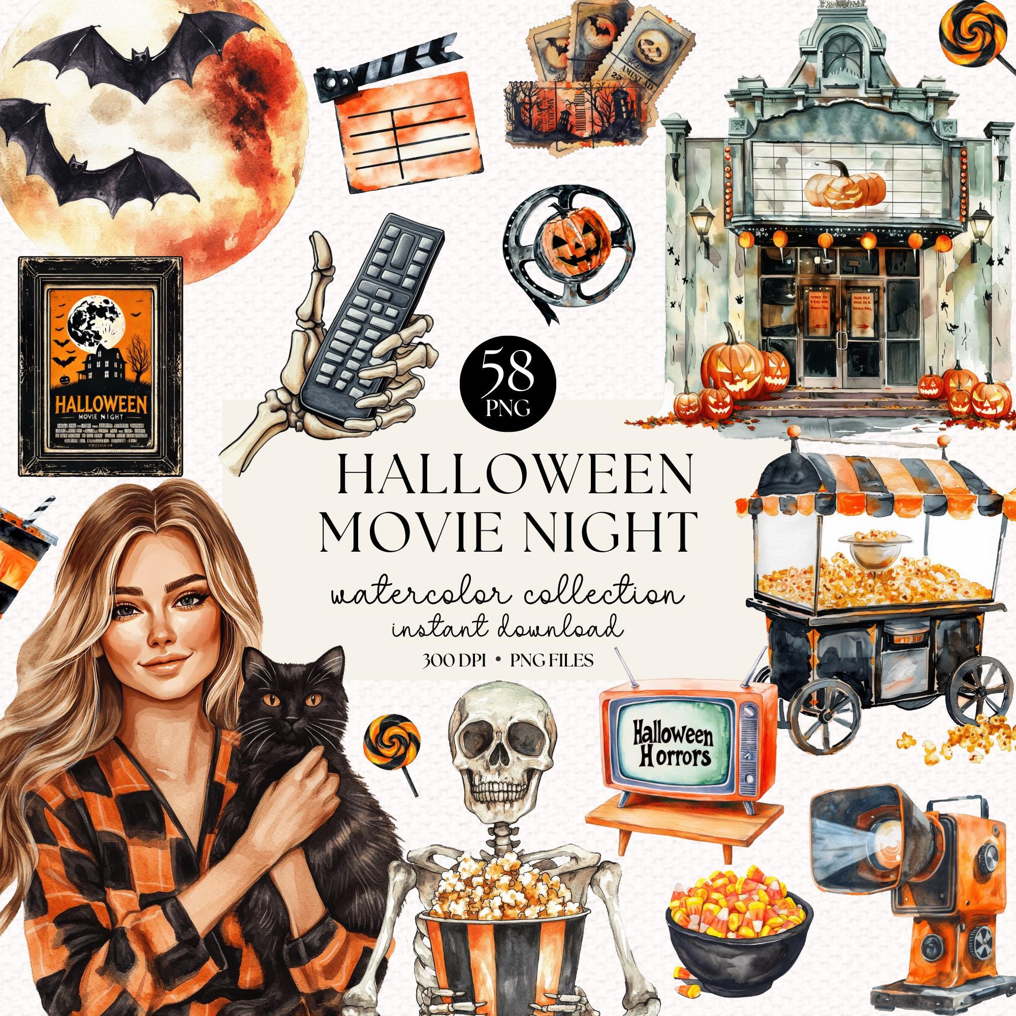 Watercolor Halloween Movie Night Clipart Bundle - Spooky Art, Cozy Halloween Night, Hallows Eve, Pajama Night Clip Art Set, Digital Stickers