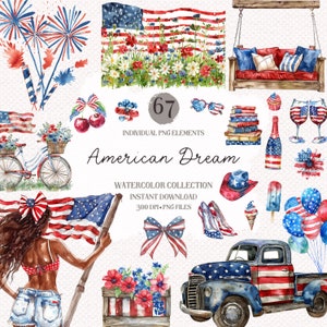 Lot de cliparts aquarelle du 4 juillet - graphiques patriotiques, png du 4 juillet, motifs par sublimation, fête de l'indépendance, téléchargement immédiat