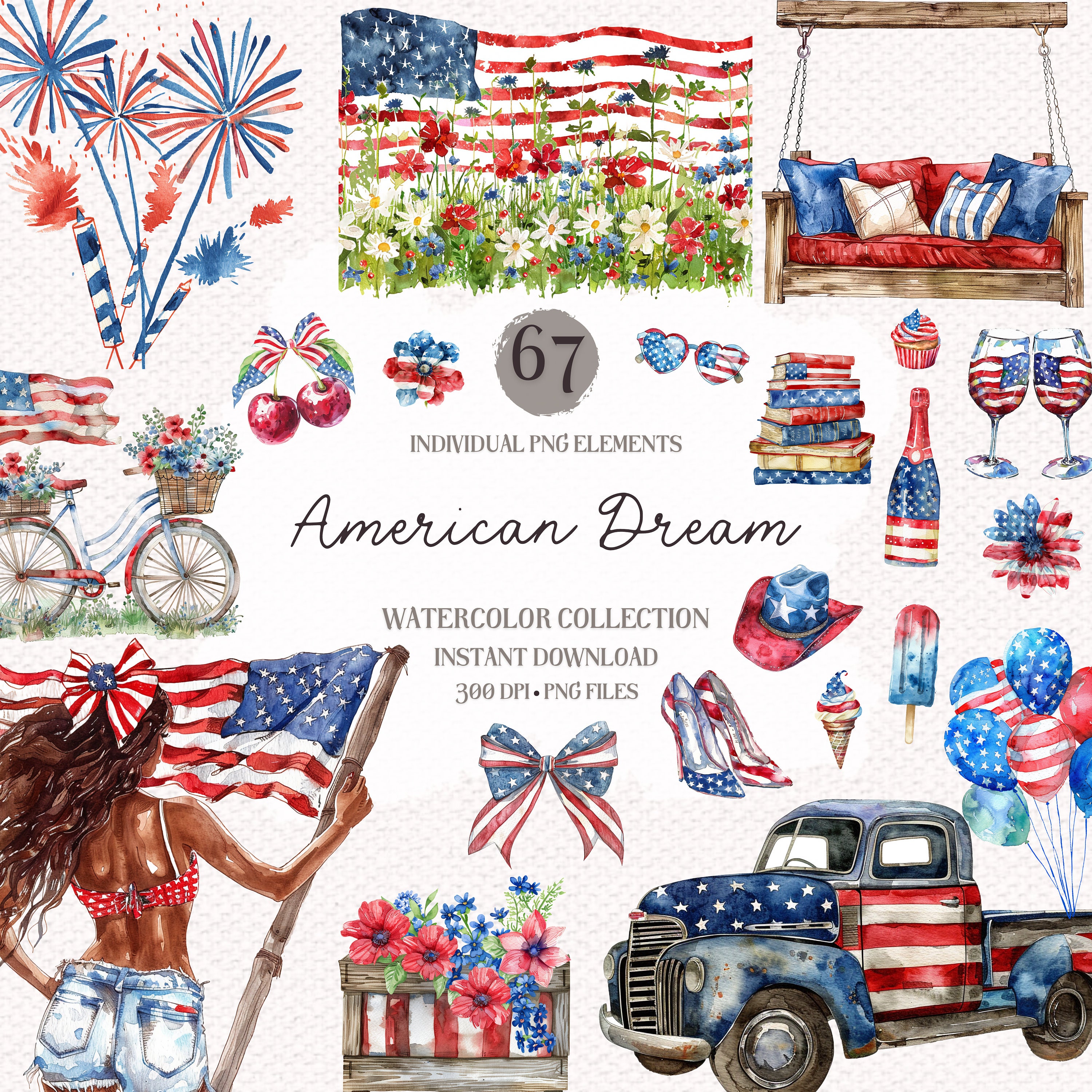 Watercolor 4th of July Clipart Bundle: Patriotic PNG Graphics (digital ...