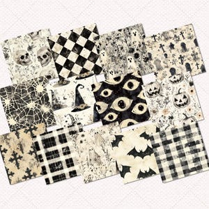 May include: A set of 12 digital papers featuring a variety of Halloween-themed patterns in black and white. The patterns include skulls, ghosts, bats, witches' hats, eyes, pumpkins, spiderwebs, and checkered patterns.