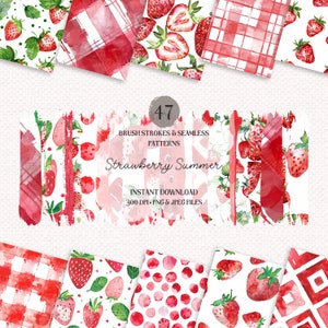 Paquete de patrones sin costuras y pinceladas de verano de fresa - 47 PNG y JPEG de alta calidad, colección de primavera, acuarela, papeles digitales