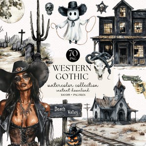 Aquarell Western Gothic Clipart Bundle - Halloween PNG, Gruselige Illustrationen, Herbst Dekor, Digitaler Download, Einladungen & Basteln