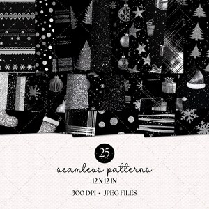 Puede incluir: Un conjunto de 25 patrones digitales sin costuras con un dise&ntilde;o de purpurina negra y plateada. Los patrones incluyen varios elementos navide&ntilde;os como copos de nieve, estrellas, adornos, &aacute;rboles y regalos. Los patrones son de 30,5 x 30,5 cm y 300 DPI.