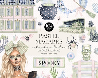 May include: A digital watercolor collection titled "Pastel Macabre" featuring spooky illustrations. The image includes a haunted house, cauldron, coffin, spider, and Frankenstein's monster. The word "Spooky" is also displayed.