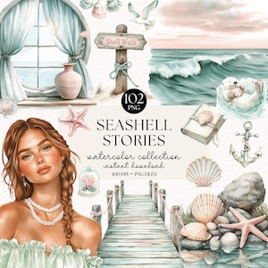 Puede incluir: Ilustración en acuarela con temática de conchas marinas. Incluye una mujer, conchas, un muelle, un letrero que dice "Shell Walk" y el texto "Seashell Stories". La paleta de colores es suave, con tonos de azul, rosa y beige.