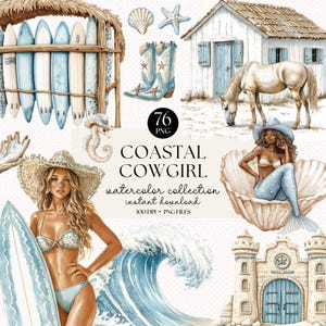 Bundle de cliparts PNG aquarelle cow-girl côtière - plage, western, sirène, art surfeur, ensemble de cliparts été Boho, téléchargement immédiat, 300 DPI