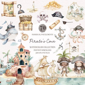 Aquarell Piraten Clipart-Bundle - Piraten Clip Art, Piratenparty, Piraten Einladung Clipart, Piratenschiff, Piratenhut, Sommer Clipart