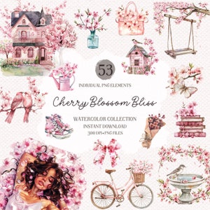 Kirschblüten Clipart-Set - Rosa Frühling Blumengrafiken, Sakura Blüten, hochwertige Pngs, Aquarell Clip Art, Sublimationsdesigns
