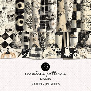 May include: A set of 25 black and white Halloween digital paper patterns. The patterns feature various spooky elements like skulls, ghosts, pumpkins, and eyes. The patterns are seamless and can be used for crafting, scrapbooking, and digital design projects. 12x12 inches, 300 DPI, JPEG files.