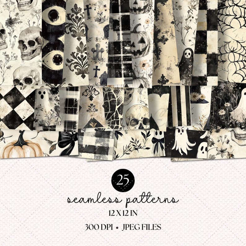 May include: A set of 25 black and white Halloween digital paper patterns. The patterns feature various spooky elements like skulls, ghosts, pumpkins, and eyes. The patterns are seamless and can be used for crafting, scrapbooking, and digital design projects. 12x12 inches, 300 DPI, JPEG files.