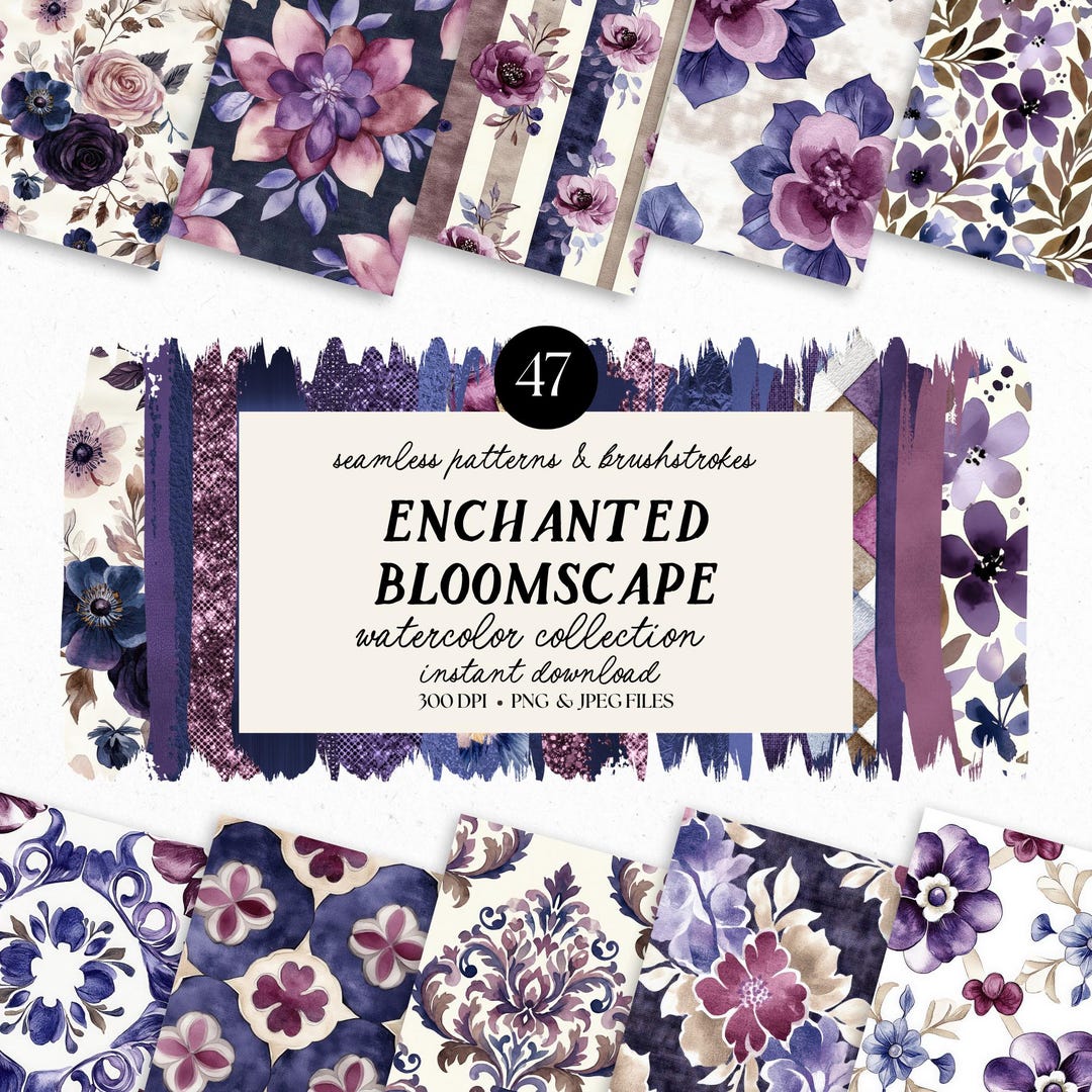 Enchanted Bloomscape Seamless Patterns, Moody Floral Watercolor ...