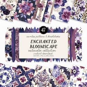 May include: A collection of watercolor patterns and brushstrokes in shades of purple, blue, and white. The image includes floral designs and the text "ENCHANTED BLOOMSCAPE watercolor collection instant download".