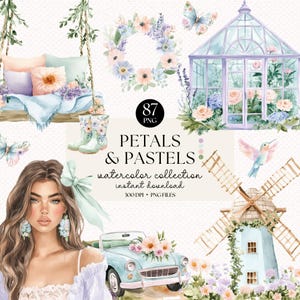 Bundle de cliparts printemps aquarelle avec fleurs pastel, serre Cottagecore, colibris, filles bohèmes, voiture téléchargement immédiat