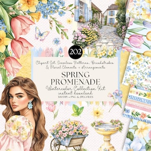 Può includere: Un set di illustrazioni ad acquerello con una donna in un abito floreale, un abbeveratoio per uccelli, un carretto pieno di fiori e una suggestiva scena di paese. Il set include motivi senza cuciture, pennellate ed elementi floreali. Il testo "Spring Promenade Watercolor Collection Kit" è incluso nell'immagine.