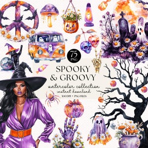 Watercolor Groovy Halloween Clipart Bundle - Retro Halloween Clip art, Hippie Spooky PNG, Digital Download for Decor Invitations & Crafts