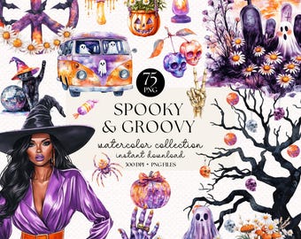 Paquete de imágenes prediseñadas de Halloween con acuarela: 75 elementos PNG retro (descarga digital)