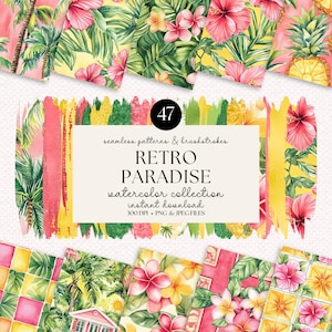 May include: A collection of watercolor patterns with a tropical theme. The patterns feature hibiscus flowers, palm trees, and pineapples in shades of pink, yellow, and green. The text reads "RETRO PARADISE watercolor collection instant download".