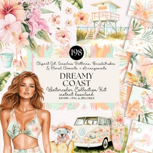 Puede incluir: Una colección de arte digital titulada "Dreamy Coast" con ilustraciones en acuarela. La imagen incluye elementos florales, una torre de salvavidas, una furgoneta vintage, una tabla de surf y una mujer. La colección incluye imágenes prediseñadas y patrones.
